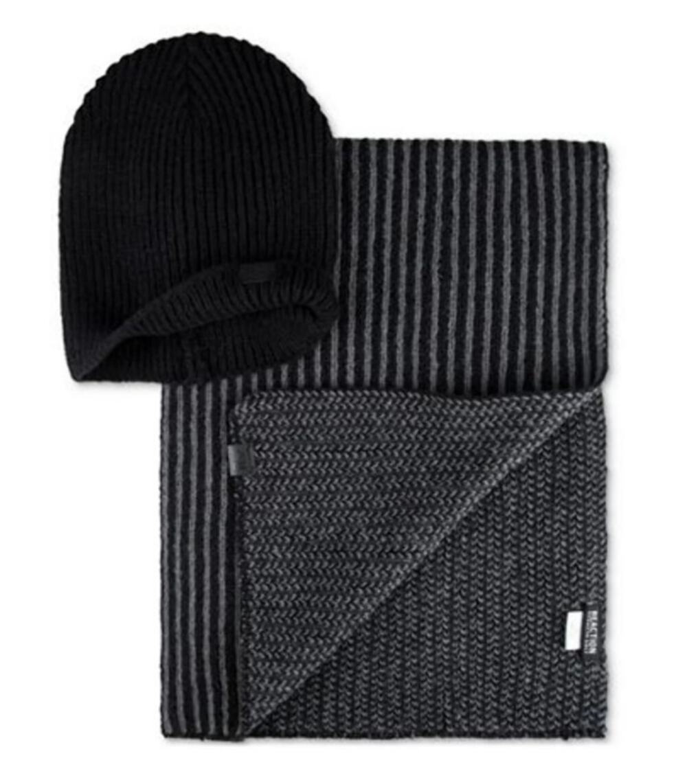 Kenneth Cole Reaction Striped Knit Scarf and Beanie Set - Black/Gray - NWT